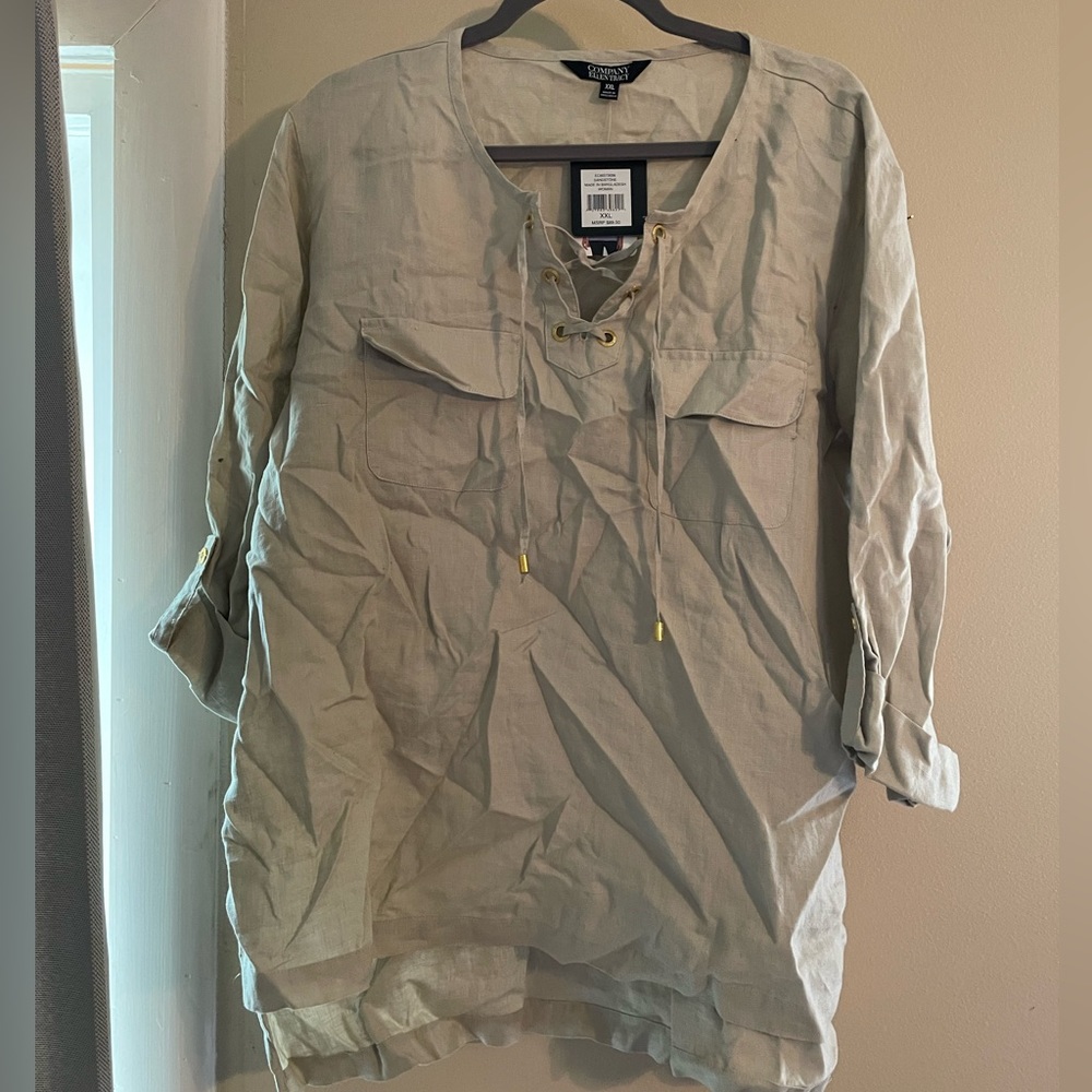 Linen pullover top with tie front